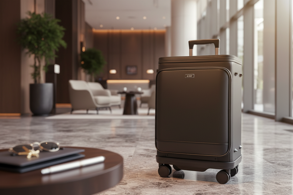 50L Cabin Spinner Luggage in travel setting