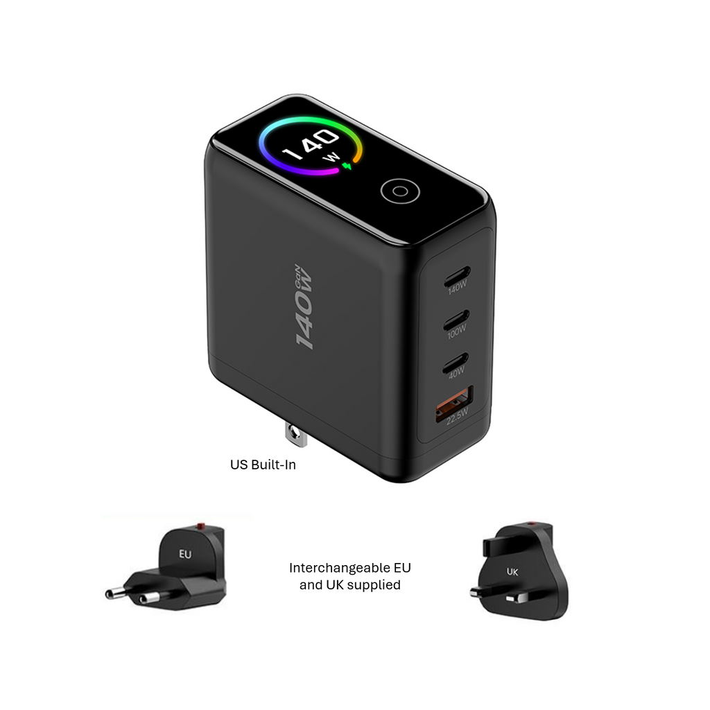 140w GaN Charger (4 Port) w/HD Display & Travel Adaptors